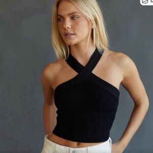 Babaton Black Ribbed Cross Halter Crop Top
